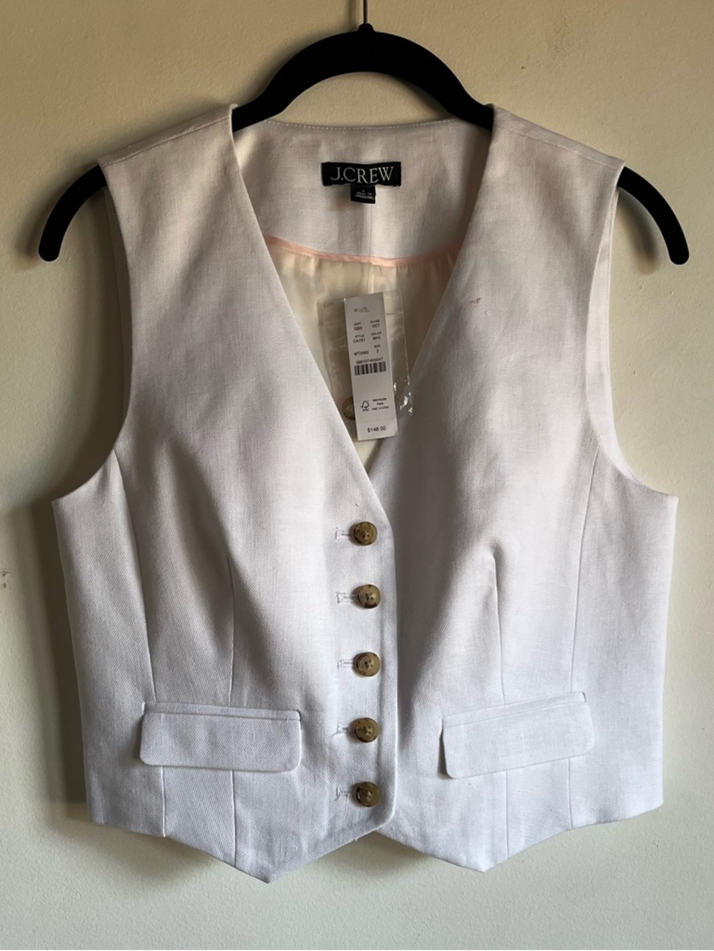 NWT JCrew Classic Vest in Stretch Linen Blend White Size 2 Cropped $148 CA761
